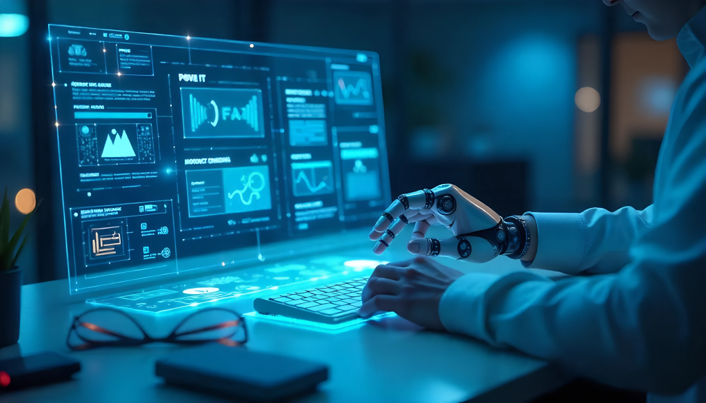 Holographic website-builder screen with a robot hand and a human hand at a glowing keyboard