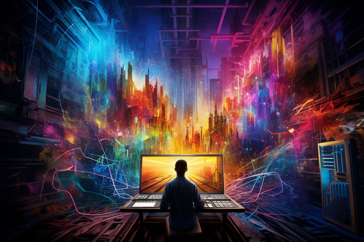 Person working at a glowing monitor inside a neon city of cyan, violet, magenta, gold and orange light streaks