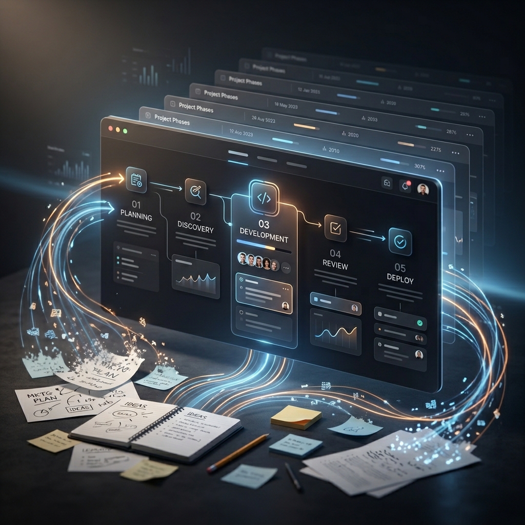 Dark project-phases interface showing Planning, Discovery, Development, Review and Deploy above notebooks and sticky notes with blue and amber light streams
