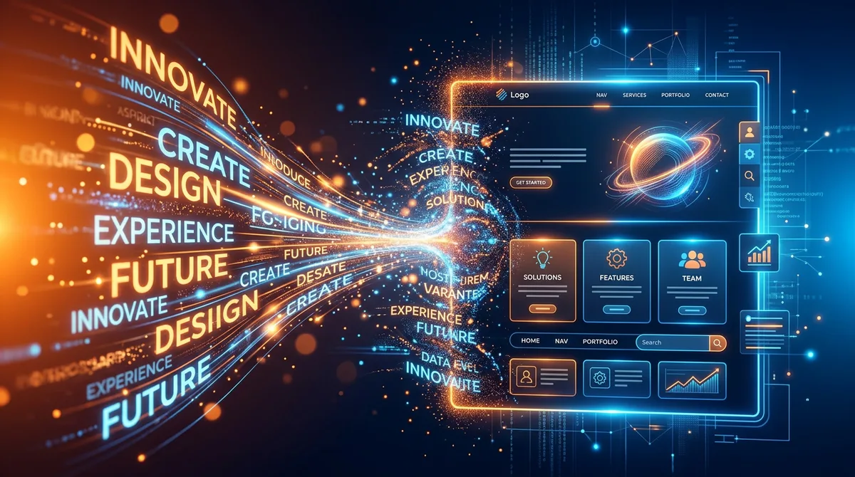 The words INNOVATE, CREATE, DESIGN, EXPERIENCE and FUTURE streaming in orange and blue light into a glowing website mock-up